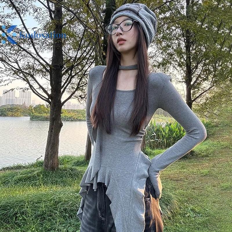 Kudosation Nữ Thời Trang Sang Trọng Xù Ruy Băng Cổ Vuông Dài Tay Không Đều Áo Thun Mỏng Đẹp