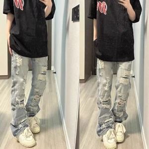 Quần jeans thẳng rách retro phiên bản Hàn Quốc mới cho nam nữ mùa xuân 2025
