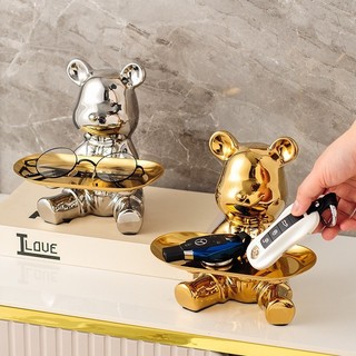 Tượng Gấu sứ bê khay ống heo đa năng Bunnies bằng sứ vàng bạc decor nhà quà tặng sang trọng cao 19cm