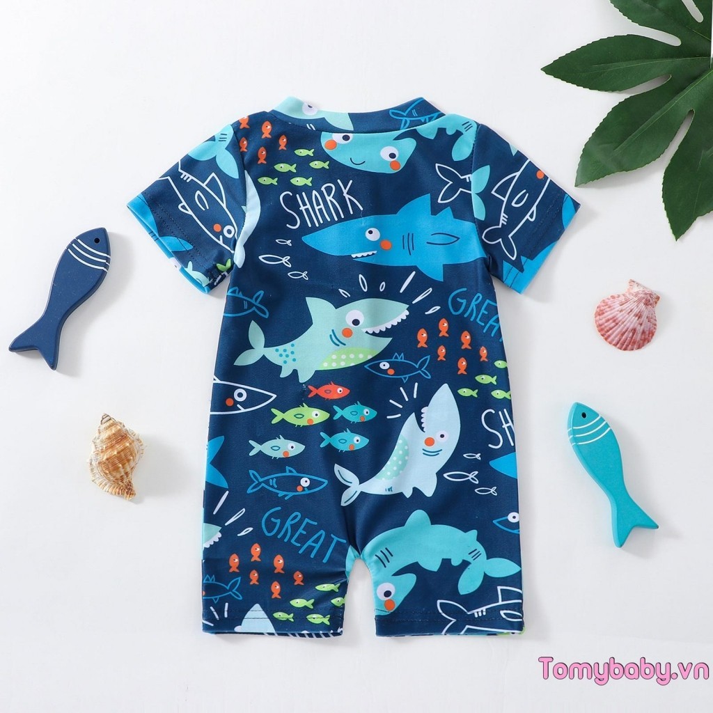 Bé Trai Đồ Bơi Mùa Hè Dễ Thương In Hình Cá Mập Tay Ngắn Dây Kéo Áo liền quần Đồ Bơi Đi Biển