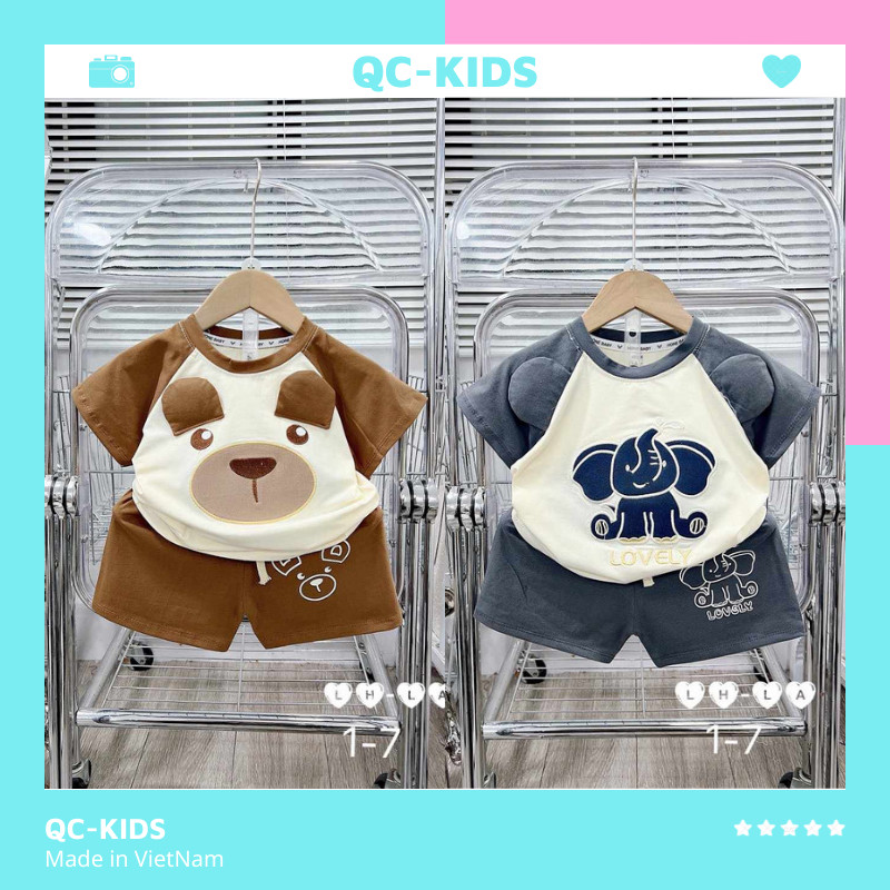 Quần áo trẻ em mùa hè, bộ cộc tay bé trai bé gái chất liệu cotton thêu hình gấu voi cho bé 8-18kg