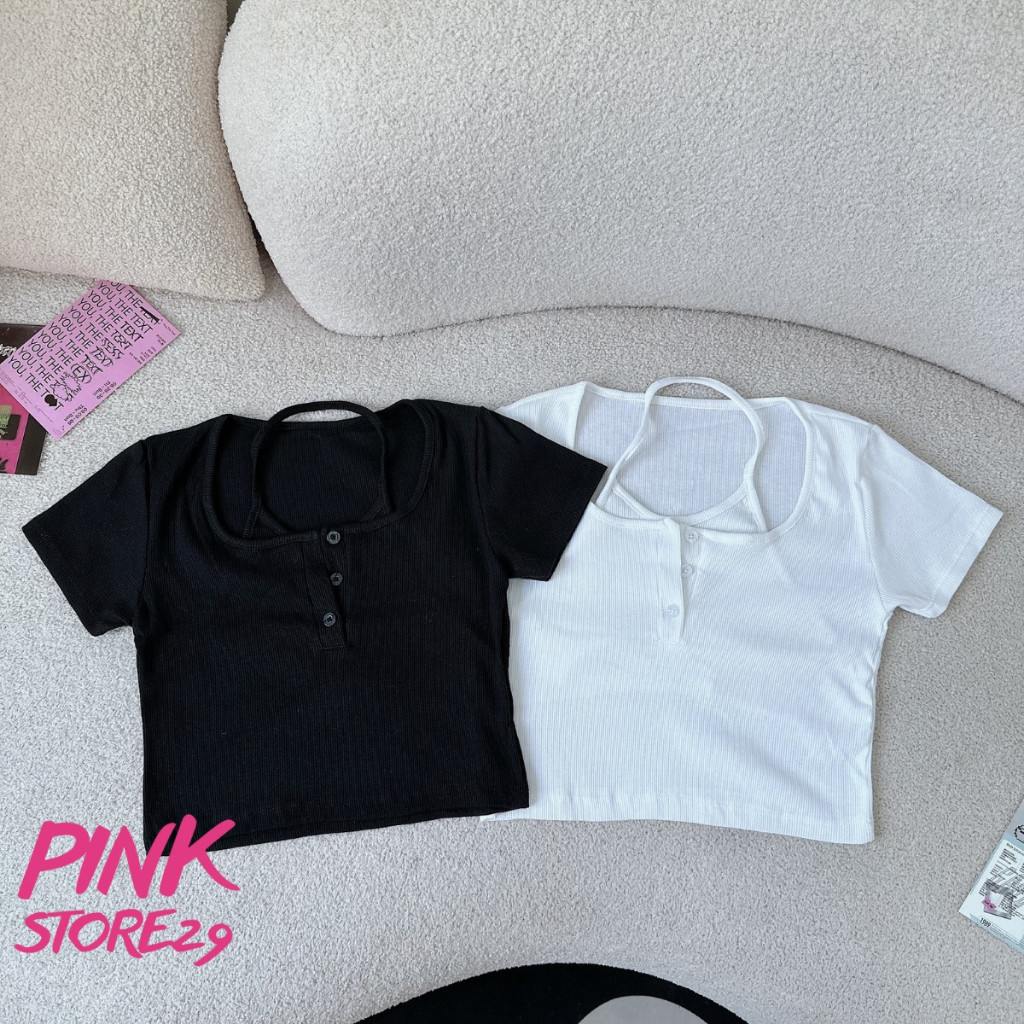 Áo Croptop Body Tay Ngắn 29 Cổ Vuông Kiểu Yếm, Khuy Cài Cổ Gợi Cảm A5257