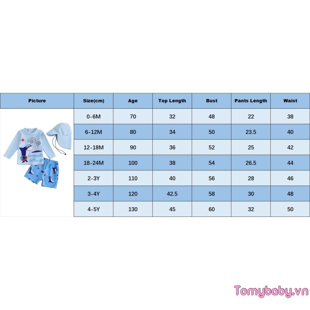 Bộ đồ bơi bé trai họa tiết chống nắng Áo cổ tròn dài tay + Quần short cá mập + Bộ mũ bơi