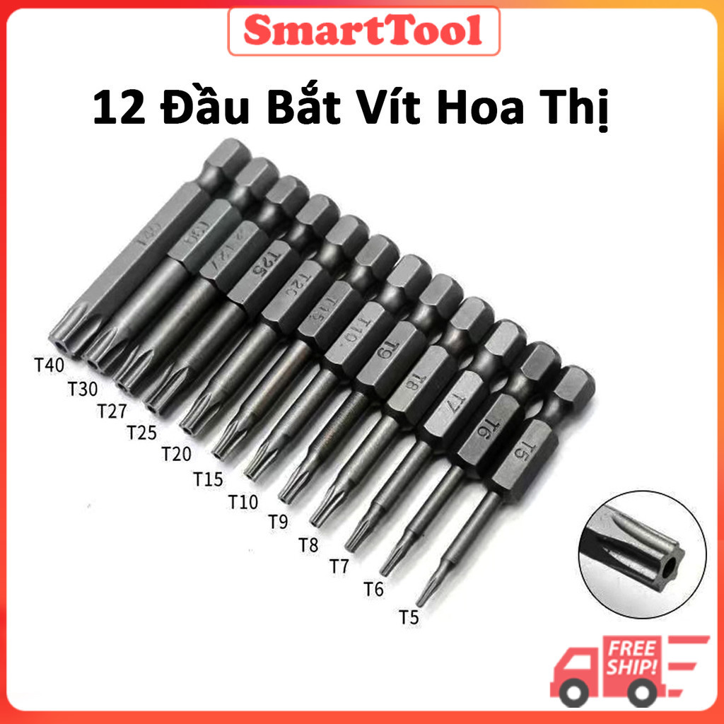 Bộ 12 Mũi Vít Hoa Thị Có Lỗ Chân Lục Giác Thép S2 Từ T5-T40- Mũi Bắt Vít Hình Sao Smarttool
