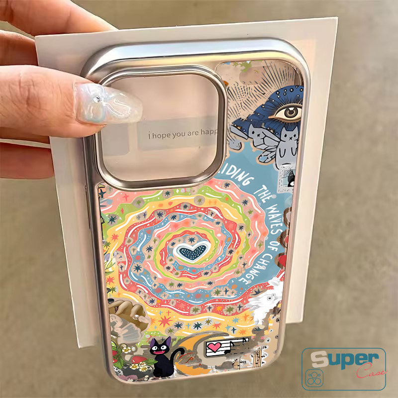 Sáng Tạo Retro Nghệ Thuật Dễ Thương Cô Gái Mặt Trời Xoay Mèo Tương Thích Cho IPhone 15 16 11 13 14 12 Pro Max 7Plus X XS Max XR 15 8 16 7 Plus SE Khung Mạ Điện Sang Trọng Trong Suốt Bìa Mềm