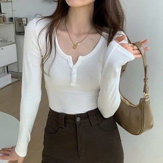 Áo thun kiểu dài tay ôm body chất tăm cúc ngực