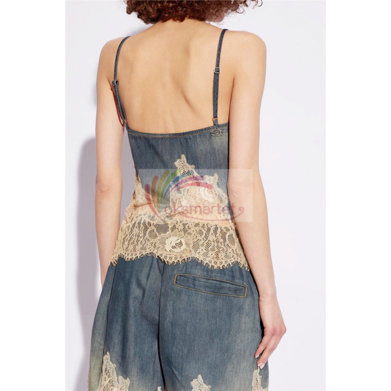 Ánh Sáng Sang Trọng Độc Đáo Denim Hai Mảnh Mùa Hè Phong Cách Mới Co Giãn Em Gái Nóng Ren Khâu Mềm Denim Treo Quần Short Bộ