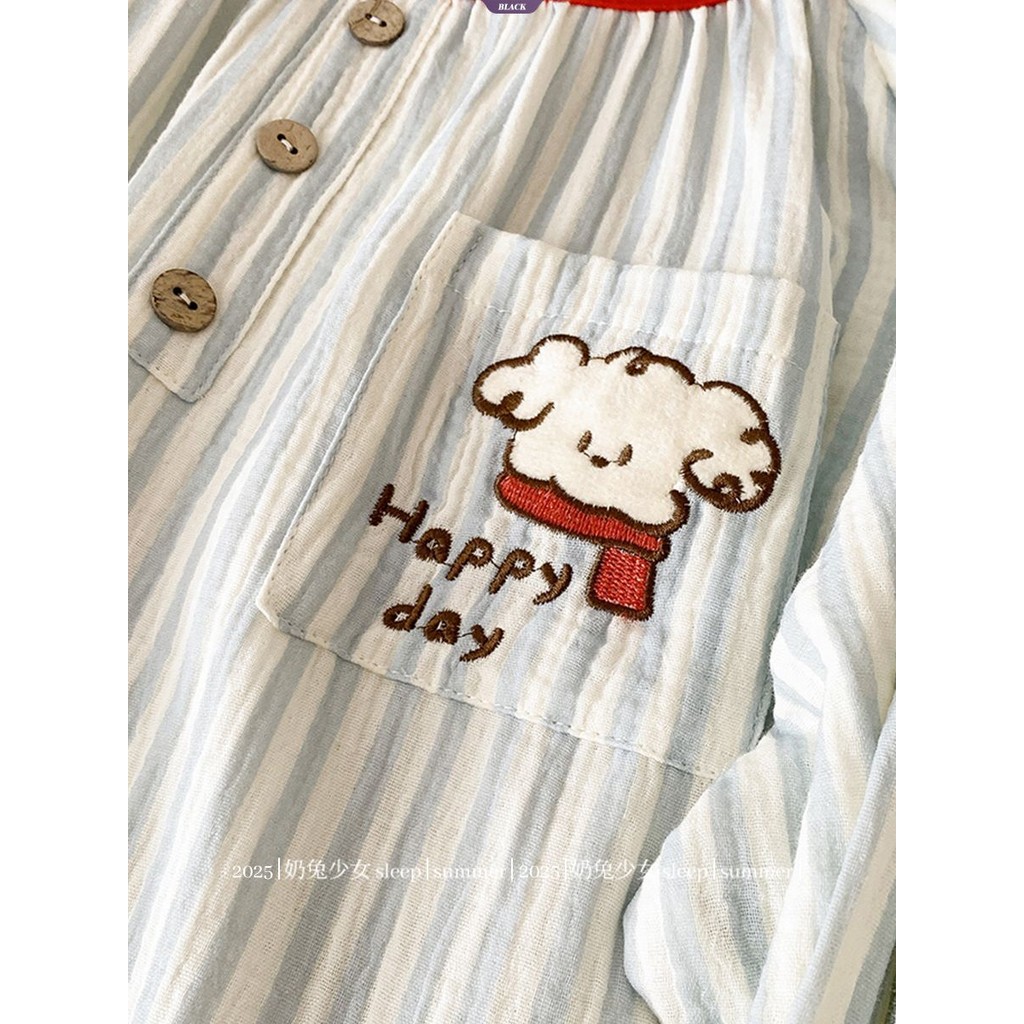 Dễ Thương Happy Curly Hair Puppy Cô Gái Nhật Bản Bộ Đồ Ngủ Cổ Tròn Nữ Xuân Thu Thường Ngày Dài Tay Set [BL]