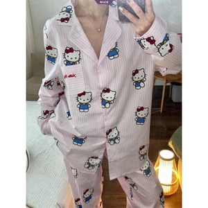 Bộ đồ ngủ sọc Hellokitty màu hồng Nữ Xuân Thu 2025 Quần dài tay mới Bộ đồ mặc nhà cho bé gái xinh đẹp [BL]