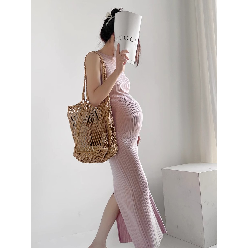 Trang phục bà bầu Mùa hè Phong cách mới Influencer Tính khí dệt kim xẻ lưng Slim @ -
