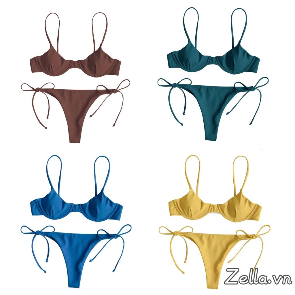 Bộ Bikini Nữ Màu Trơn / In Hình Cổ Chữ V + Quần Lót Ren Mùa Hè Chia Bộ Đồ Tắm