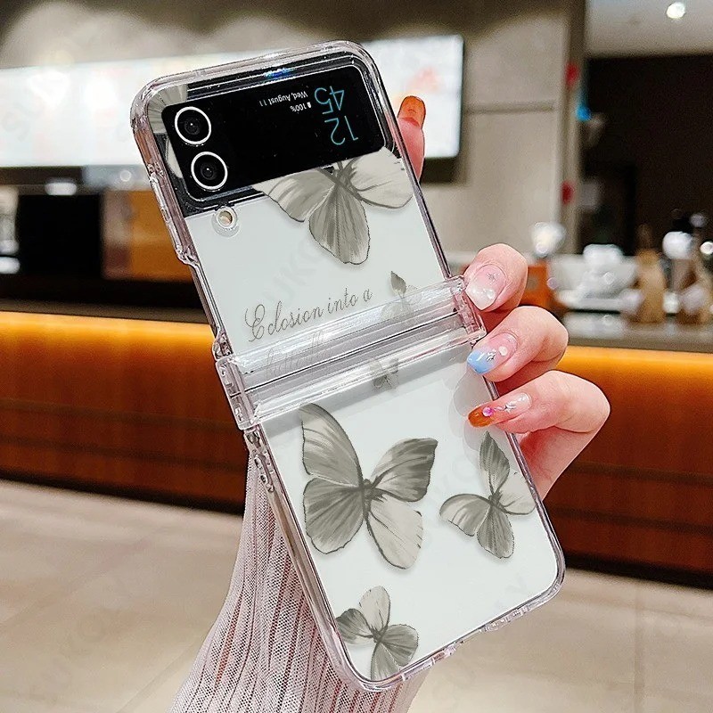 Ốp lưng hình con bướm dễ thương cho Samsung Galaxy Z Flip 5 Z Flip 4 Z Flip 3 Bản lề đầy đủ Bảo vệ chống sốc trong suốt Vỏ điện thoại Samsung Z Flip5 Flip4 Flip3