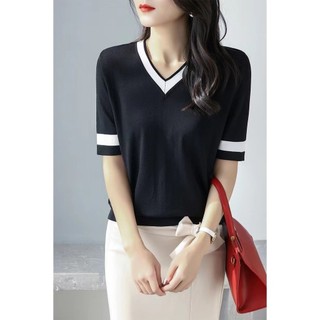 Mùa hè Phong Cách Mới Cổ Chữ V Màu-Blocking Ôm Hơn Nhìn Ngắn Tay Ice Silk Áo Len Tính Khí