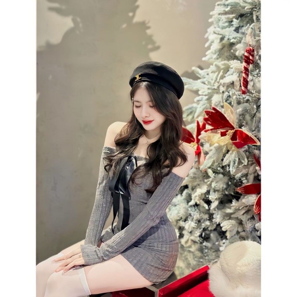 BARE_Đầm len trễ vai tay dài phối nơ ruy băng cá tính vải len mềm ôm dáng tôn đường cong - D031