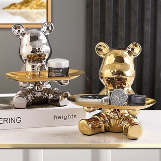 Tượng Gấu sứ bê khay ống heo đa năng Bunnies bằng sứ vàng bạc decor nhà quà tặng sang trọng cao 19cm