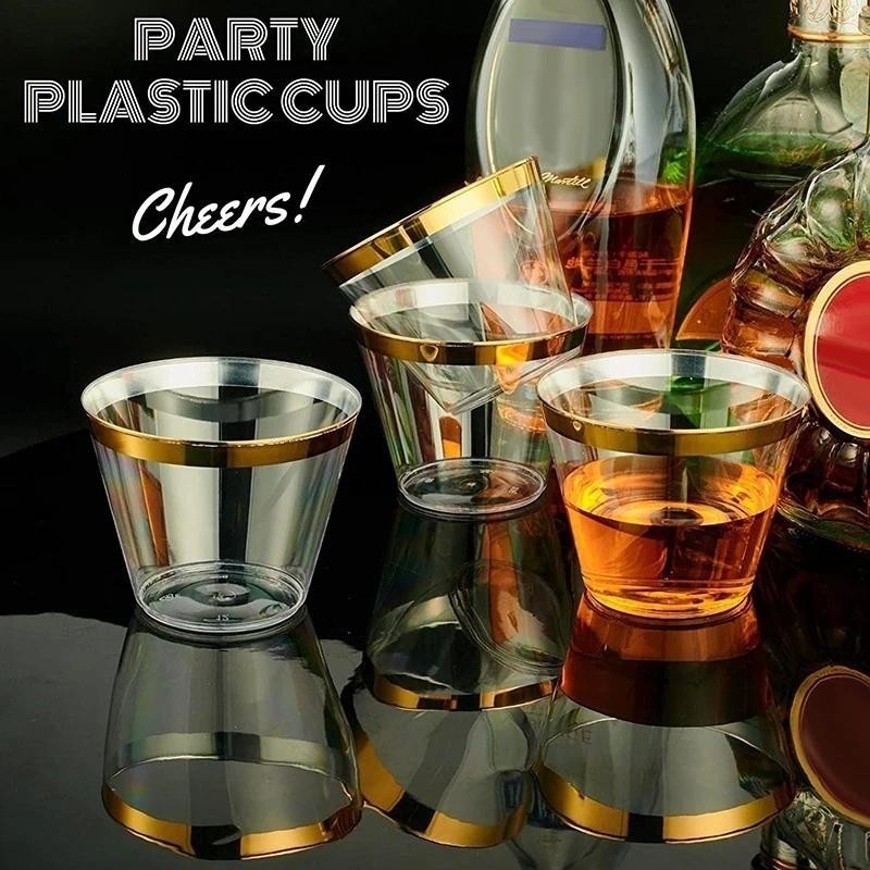 Ly rượu nhựa dùng một lần - 25PC 270ML Gold Clear Cups - Bộ đồ ăn có thể tái sử dụng - dành cho đồ uống, sinh nhật, đám cưới, tiệc tùng - Đồ dùng gia dụng