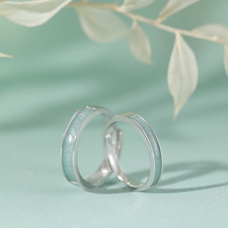 Đơn giản S925 Bạc Xanh Trắng Sứ Cặp Đôi Nhẫn Mở Có Thể Điều Chỉnh Nam Nữ Nhẫn Cặp Đôi Quà Tặng