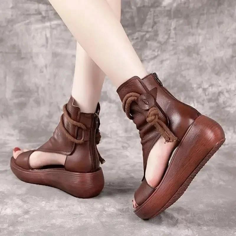 Nữ Vintage Da PU Thoáng Mát Xăng đan Nữ Thời Trang Mùa Hè Giữa Giày Nêm Xăng đan Mujer Sapato Feminino