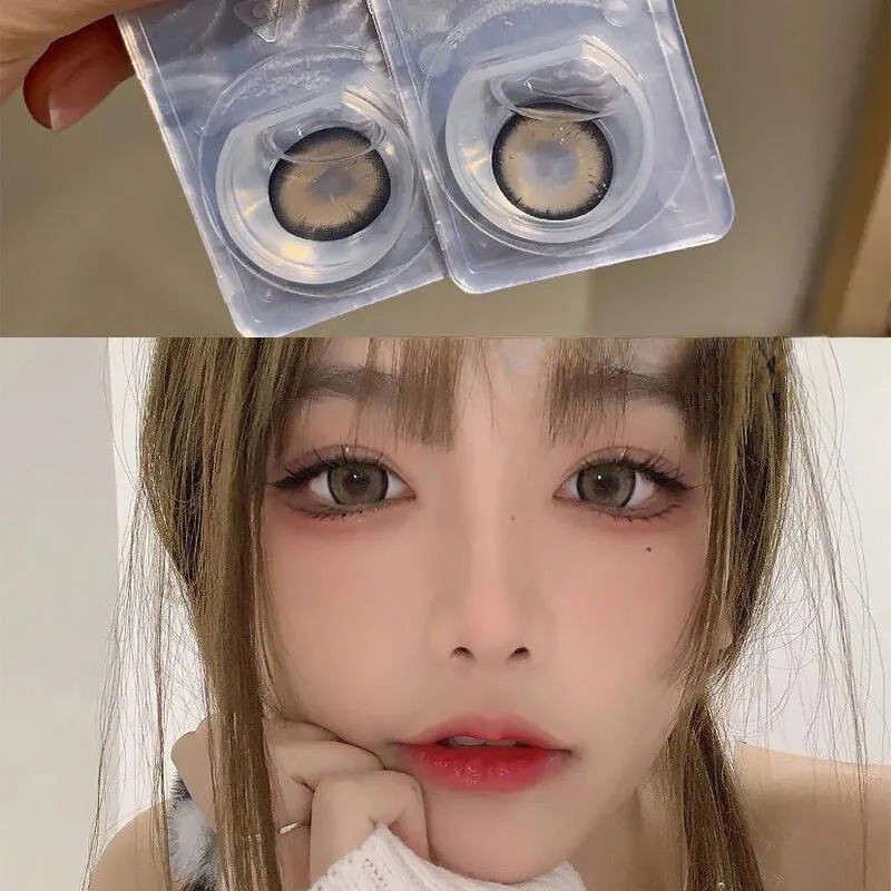 Set 2 Kính Áp Tròng Màu Đen contact lenses 0 ~ -8.00 black len 14.2mm lens cận lens nâu bean black 13