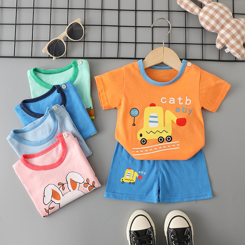 Bộ đồ ngắn tay Cotton nguyên chất dành cho trẻ em Mùa hè phong cách mỏng bé trai bé gái Bộ đồ hai mảnh thể thao thông thường Phiên bản Hàn Quốc Phong cách thoáng khí phù hợp cho mọi trận đấu PMB3