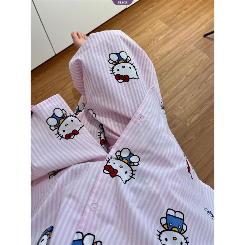 Bộ đồ ngủ sọc Hellokitty màu hồng Nữ Xuân Thu 2025 Quần dài tay mới Bộ đồ mặc nhà cho bé gái xinh đẹp [BL]