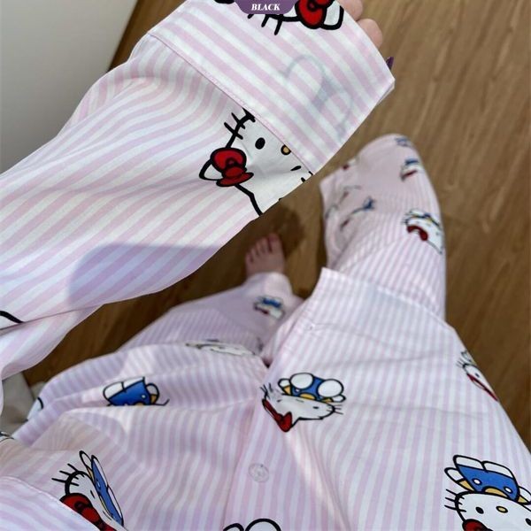 Bộ đồ ngủ sọc Hellokitty màu hồng Nữ Xuân Thu 2025 Quần dài tay mới Bộ đồ mặc nhà cho bé gái xinh đẹp [BL]