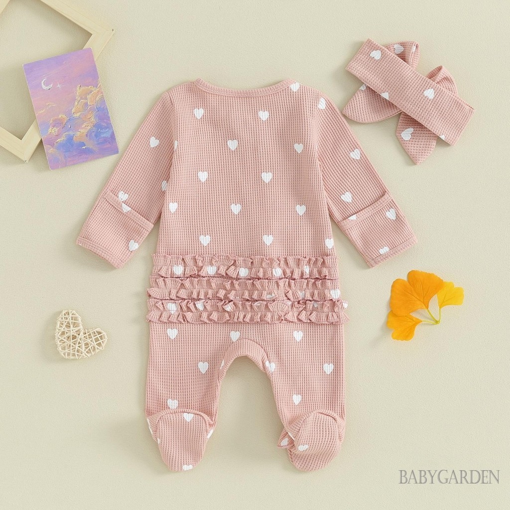 Baga-cô gái sơ sinh Ngày lễ tình nhân Áo liền quần có băng đô dài tay cổ tròn in hình trái tim Ruffle Dây kéo Quần áo trẻ em 0-6M