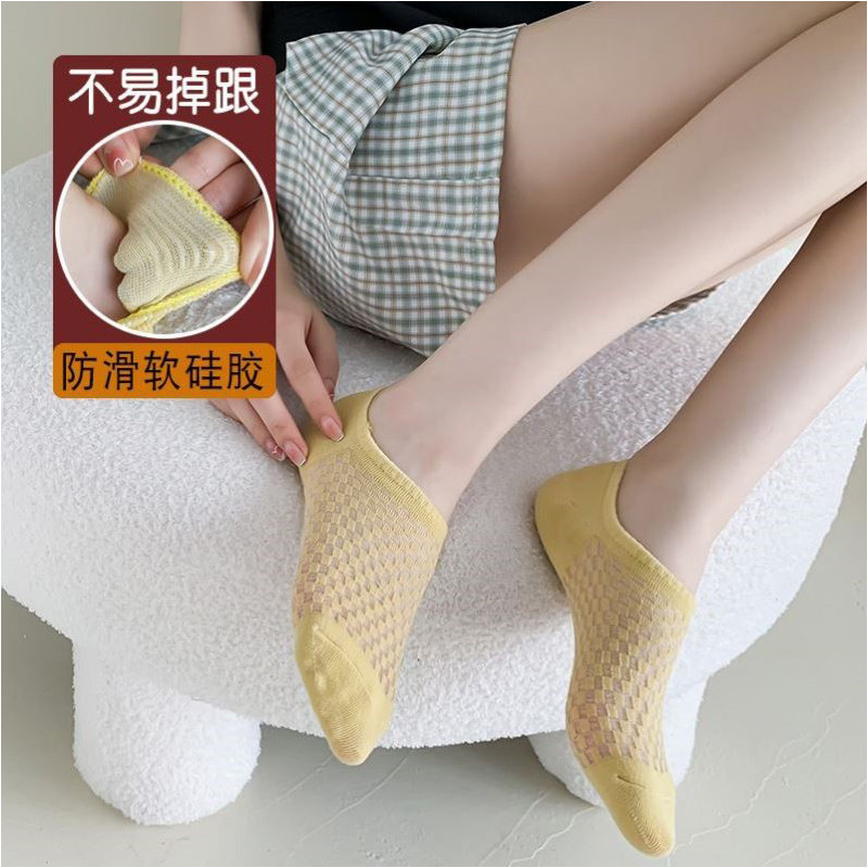 Tất Nữ Mùa Hè Mỏng Phong Cách Thuyền Tất Nông Miệng Vô Hình Lưới Thoáng Khí Chống Rơi Gót Chân Màu Trơn Cotton