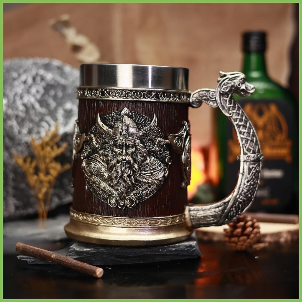 Cốc bia Viking thép không gỉ 600ml, cốc whisky/cà phê cho nam, kiểu thùng tankard