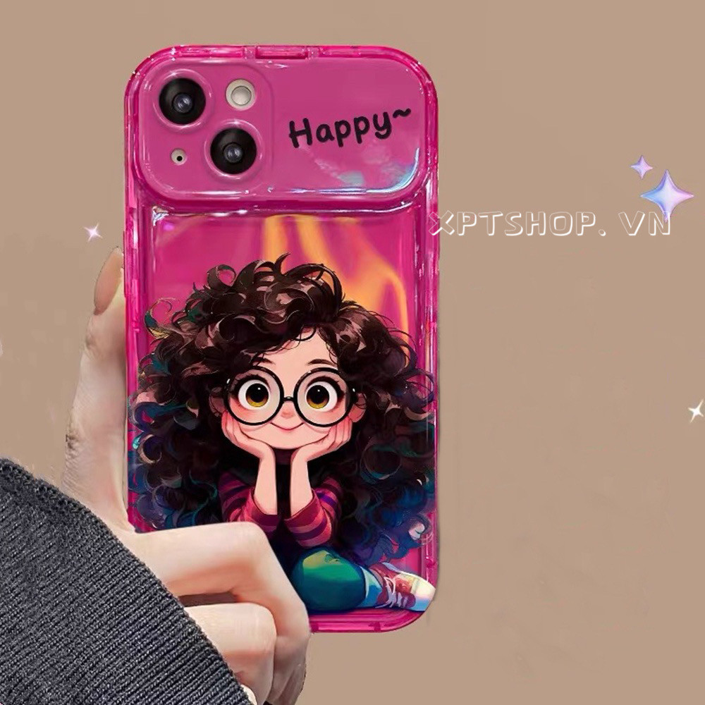 Cô Gái Có Kính Xoăn Tóc Ốp Lưng Điện Thoại iPhone 17ProMax 16Plus 15 14 13 12 11 Bảo Vệ Toàn Diện Chống Sốc Lật Gương Gấp Giá Đỡ Bao