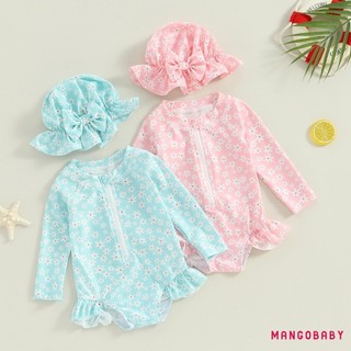 Mg-toddler Bé Gái Rash Guard Đồ Bơi Rompers Tay Dài In Hoa Cho Bé Xù Đồ Tắm Đồ Bơi Có Mũ Bơi