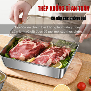 Khay inox 304 Bunnies House đựng thực phẩm, nắp kín, chữ nhật size lớn, tiện dụng