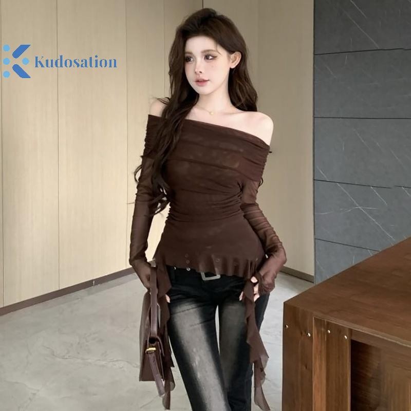 Kudosation Hot Girls Lưới Gợi Cảm Áo Thun Dài Tay Mỏng Không Đều Xù Ruy Băng Chống Nắng Top Đẹp