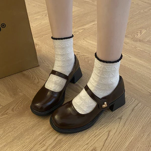 phong cách Hàn Quốc Giày loafer nữ da thật mềm nâu gót cao to mẫu hot