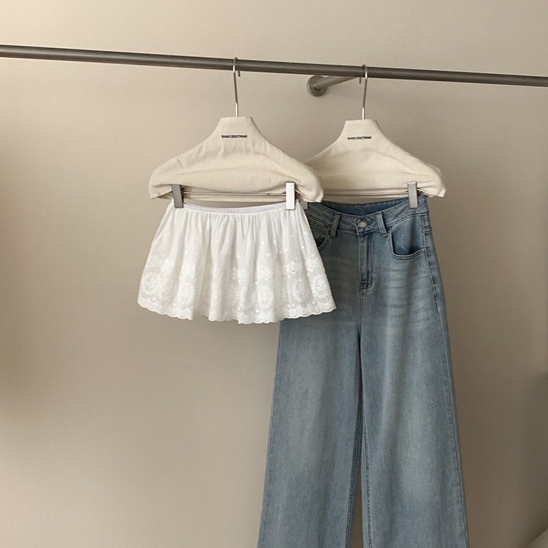 Milyfashion Thêu Lớp Mông Rèm Váy Rèm Trắng Không Đều Ren Mini Váy Ngắn Mỏng Hơn Nhìn Thời Trang Co Giãn Eo