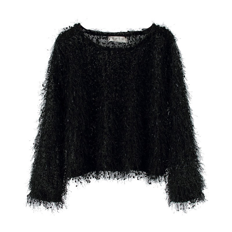 Milyfashion Chui Đầu Viền Top Mùa Thu Phong Cách Mới Rời Cổ Tròn Lông Tơ Sáng Lụa Dài Tay Áo Thun Đế
