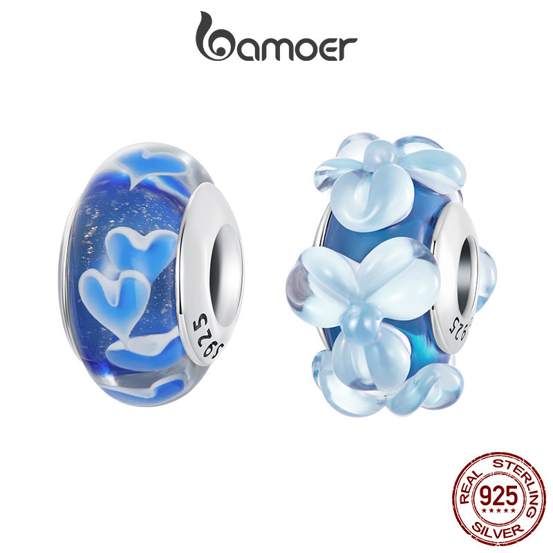 Bamoer 925 Sterling Sliver Charm Trái Tim Xanh Hoa Murano Hạt Mặt Dây Chuyền Phụ Kiện Series Cho Vòng Tay
