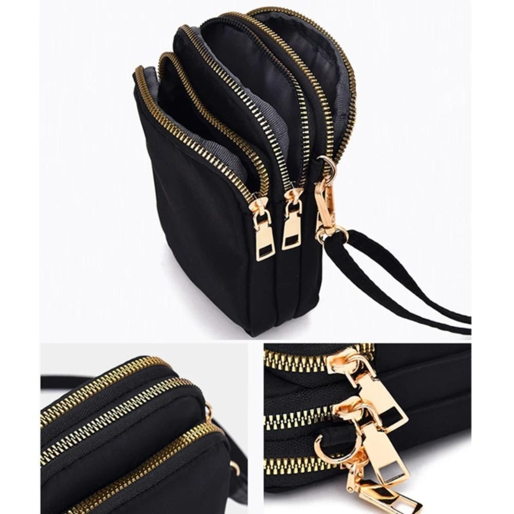 [Vận chuyển nhanh] Túi đeo vai SIMPLEAID, Ví điện thoại di động Nylon treo tường 3 lớp, có phích cắm tai nghe Ví đa chức năng có dây kéo