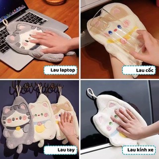 Khăn lau tay nhà bếp, phòng tắm hình mèo dễ thương chất liệu nhung lông cừu san hô siêu thấm hút