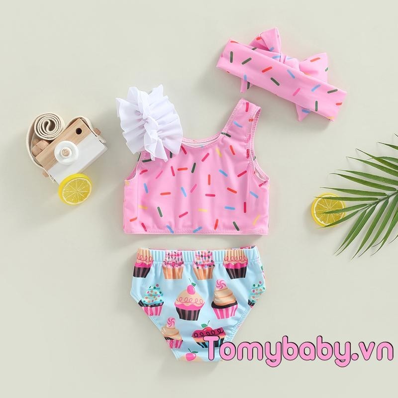 Bé Gái 2 Bộ Đồ Bơi Không Tay Chấm / Cốc In Bánh Áo Đi Biển Mùa Hè + Quần Short Bộ