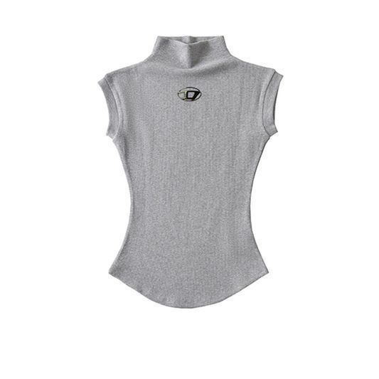 Milyfashion Mỹ Retro Nửa Cổ Cao Chính Hãng Vai Skinny Không Tay Áo Thun Nữ Mùa Hè Hot Girl Slim-fit Slimmer Nhìn Sang Trọng Ngắn