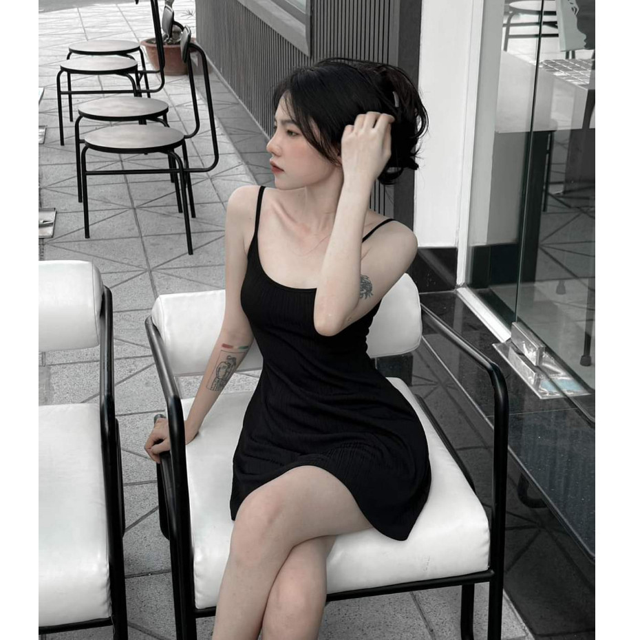 BARE_(Có size) Đầm hai dây nữ form ngắn xòe nhẹ kèm quần trong chất thun gân trung mềm mát phong cách đơn giản - Đ017