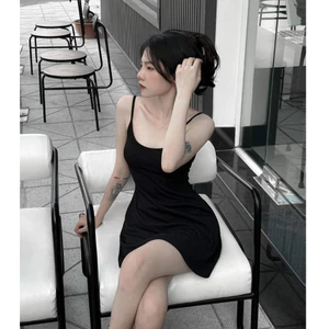 BARE_(Có size) Đầm hai dây nữ form ngắn xòe nhẹ kèm quần trong chất thun gân trung mềm mát phong cách đơn giản - Đ017