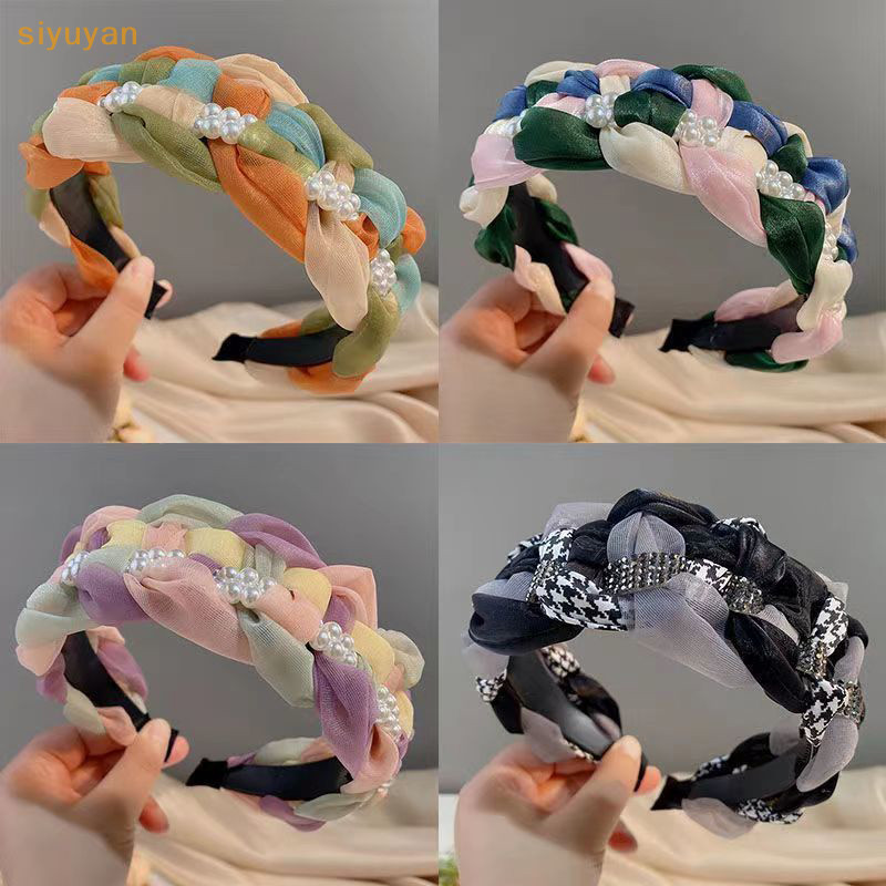 Siyuyan Thời Trang Ngọt Ngào Retro Tóc Cho Nữ Bé Gái Xoắn Đan Băng Đô Quấn Tóc Nhiều Màu Sắc Dệt Ngọc Trai Rộng Mũ Phụ Kiện Tóc VN