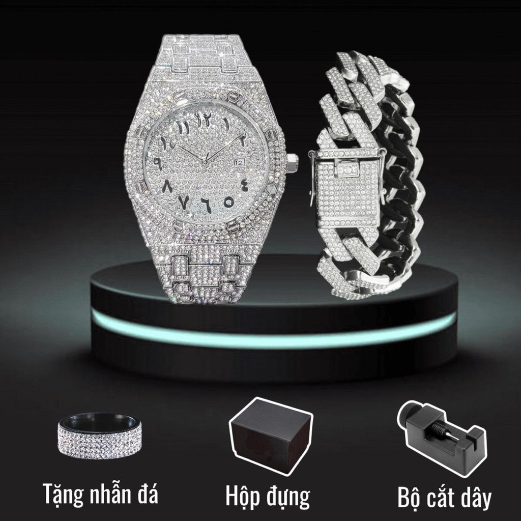 (Tặng nhẫn) Combo đồng hồ và lắc tay cuban mã pt06