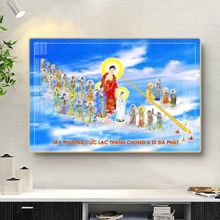 [TRANH PHẬT GIÁO] Tranh Treo Tường Phòng Thờ Phật Giáo Tây Phương Tam Thánh Tiếp Dẫn - Tranh Laminate Tráng Gương