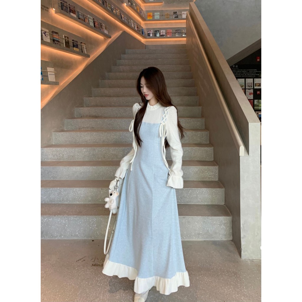 Đầm dài tay phong cách nhẹ nhàng cho phụ nữ mùa hè, phong cách Pháp mới, thanh lịch, ôm eo, đầm dài xòe