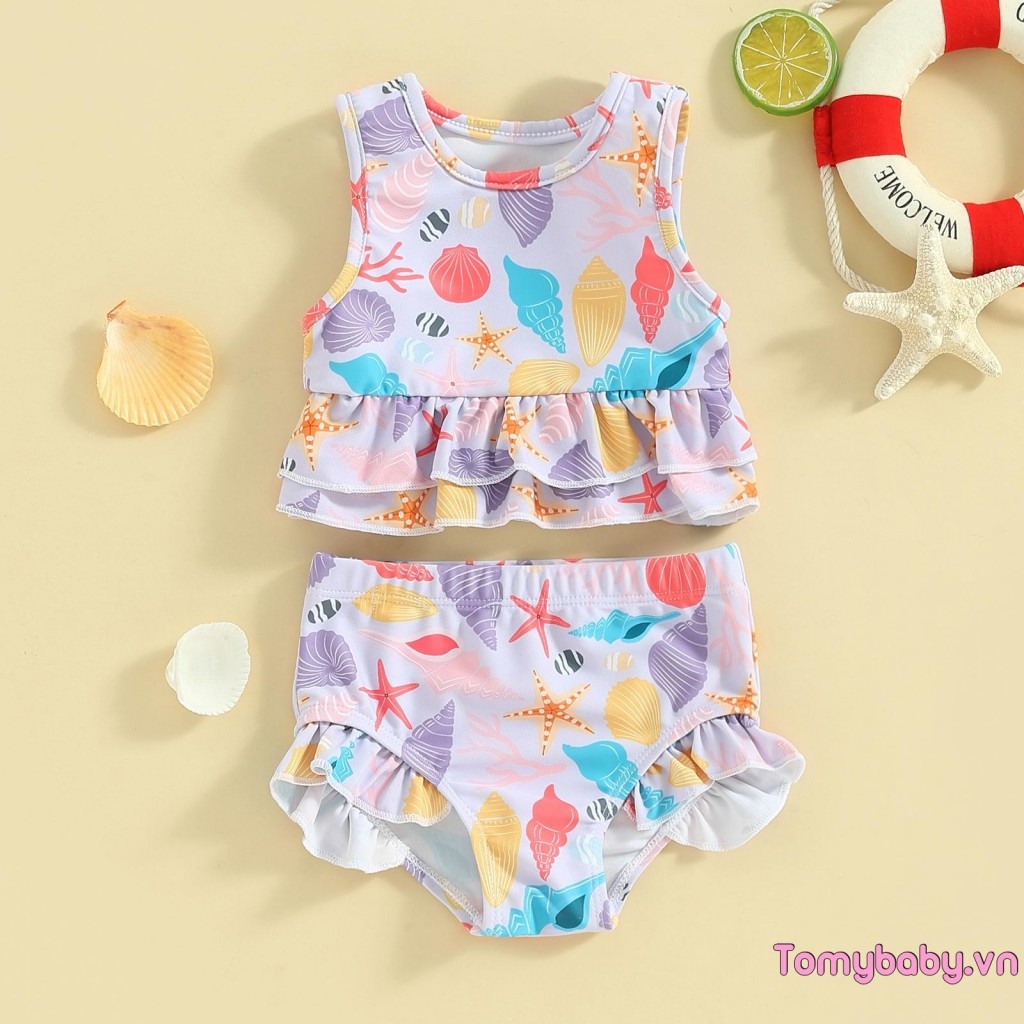 Bộ đồ tắm mùa hè cho bé gái Bộ đồ tắm không tay in hình sao biển + Bộ đồ bơi quần short