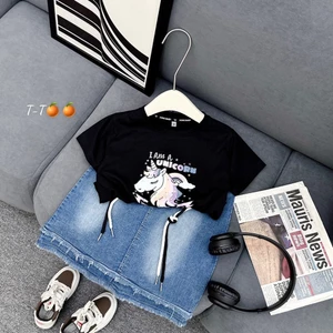 set chân váy dài jean kèm áo crotop hàn quốc bé gái 10-30kg, váy bé gái baby three pony