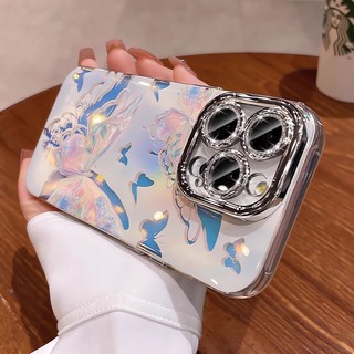 Phim Bảo Vệ Ống Kính Lấp Lánh Màu Xanh Bạc Họa Tiết Voan Bướm Ốp Lưng Điện Thoại iPhone 16Promax 12 13 14 15 Pro Max 11 Girly Bảo Vệ Toàn Diện Vỏ Di Động